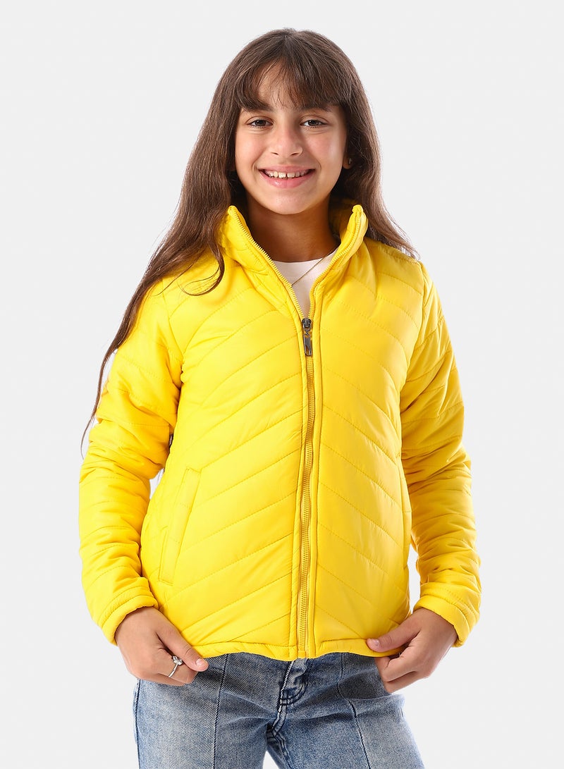Andora Zip Through Neck Zipped Girls' Puffer Jacket - Yellow - Image 1