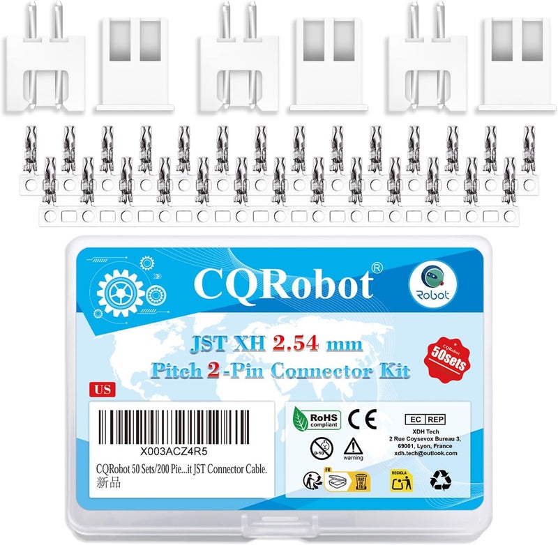 CQRobot JST XH 2.54mm Step 2-Pin Connector IC Male Plug, Female Receptacle Housing and T Shape Crimp Terminal Suite. 50 Sets / 200 Pieces Cable to Board Cable Adapter Components. - Image 1