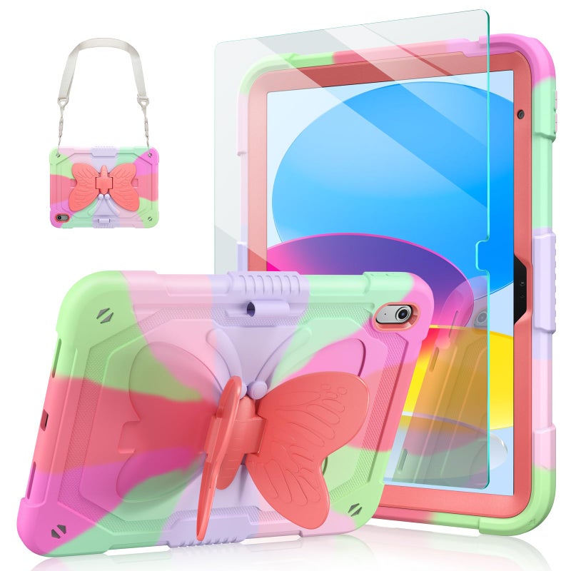 Ambison Case for iPad A16 11th/10th Generation 2025/2022 11''/10.9'' for Kids Girls, with 9H Tempered Glass Screen Protector, Rugged Heavy Duty Protective with Butterfly Stand, Carrying Strap-Rose Red - Image 1