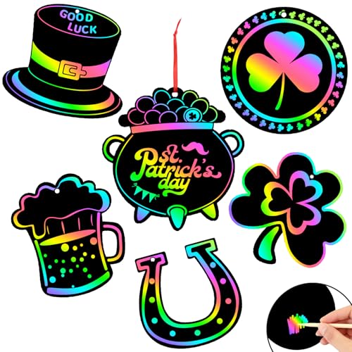 JULMELON 36 PCS St Patricks Day Scratch Art for Kids St Patricks Day Crafts for Kids Rainbow Color Magic Scratch Paper Cards Shamrock Hanging Ornaments DIY Crafts Decorations Party Favors - Image 1