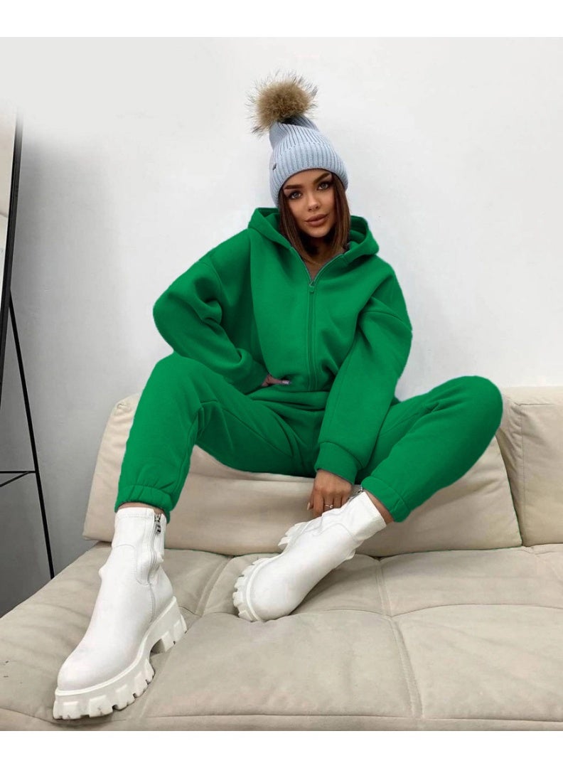 NIBEMINENT Fashion Solid Sports Suit Casual Zipper Hooded Sweatshirt Coat Elastic Waist Small Leg Pants Two Piece Set Autumn Lady - Image 2