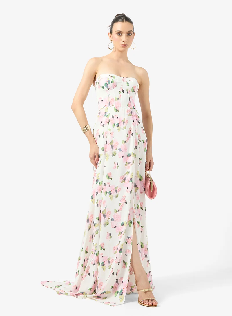 Ginger Boutique Sweetheart Neckline Corset Bodice Floral Dress with Slit