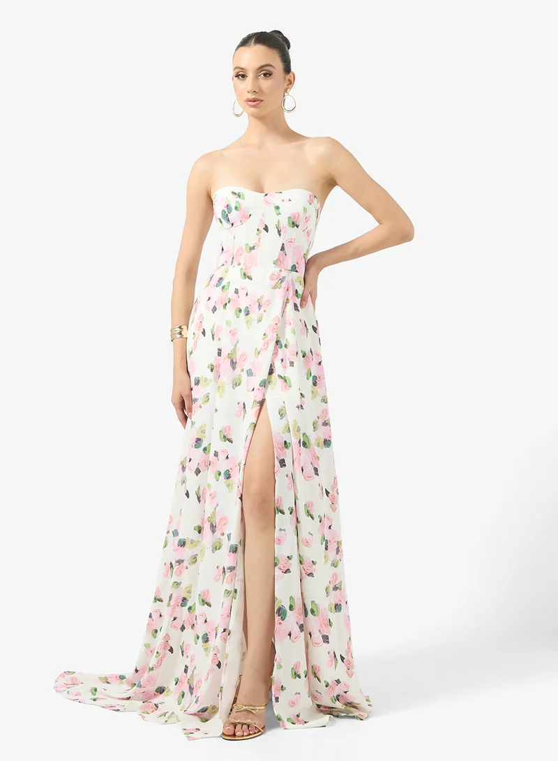 جينجر بوتيك Sweetheart Neckline Corset Bodice Floral Dress with Slit