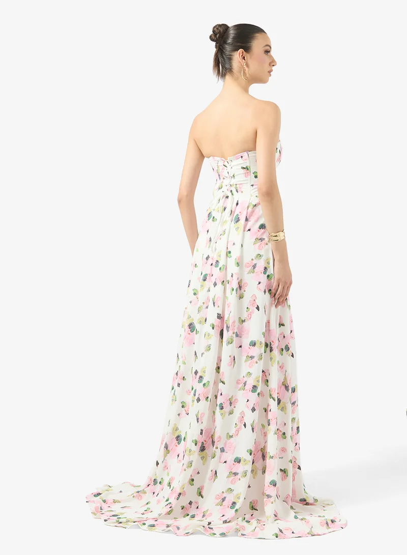 جينجر بوتيك Sweetheart Neckline Corset Bodice Floral Dress with Slit