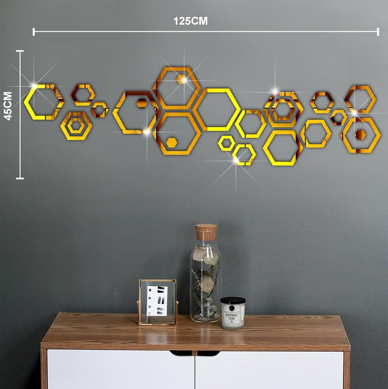 VAH- Kya Bat Hai !! VAH Kya Bat Hai Golden Hexagonal Mirror Stickers for Wall Acrylic Mirror Wall Mirror 3D Stickers Wall Stickers for Room Hall Home and OfficeSet of 24 Pieces  - Image 2