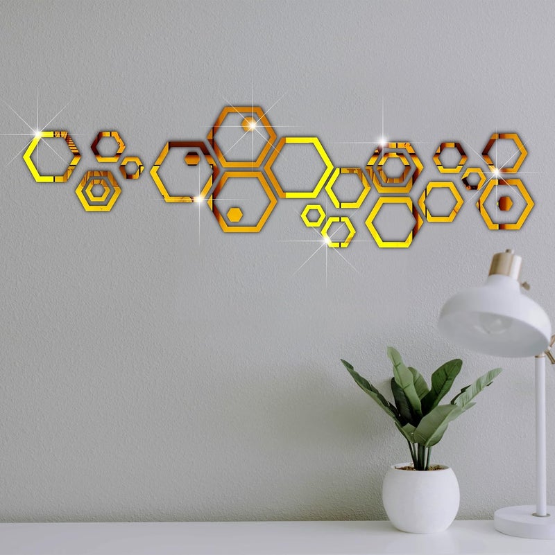 VAH- Kya Bat Hai !! VAH Kya Bat Hai Golden Hexagonal Mirror Stickers for Wall Acrylic Mirror Wall Mirror 3D Stickers Wall Stickers for Room Hall Home and OfficeSet of 24 Pieces  - Image 1