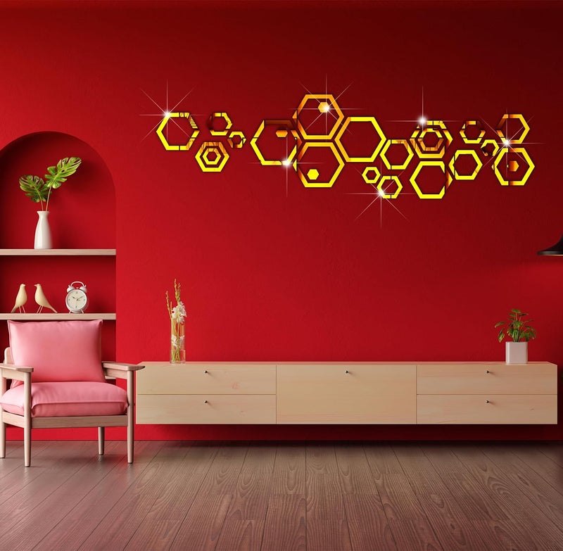 VAH- Kya Bat Hai !! VAH Kya Bat Hai Golden Hexagonal Mirror Stickers for Wall Acrylic Mirror Wall Mirror 3D Stickers Wall Stickers for Room Hall Home and OfficeSet of 24 Pieces  - Image 5