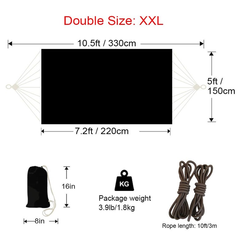 GOCAN Double Hammock 2 Person Extra Large 330X150cm Load Capacity 600Pound Canvas Cotton Hammock for Patio Porch Garden Backyard Lounging Outdoor and Indoor XXL(Black) - Image 3