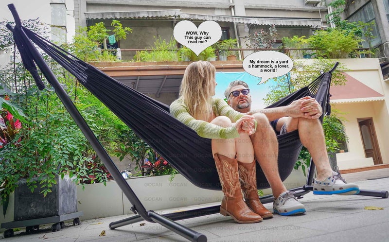 GOCAN Double Hammock 2 Person Extra Large 330X150cm Load Capacity 600Pound Canvas Cotton Hammock for Patio Porch Garden Backyard Lounging Outdoor and Indoor XXL(Black) - Image 2