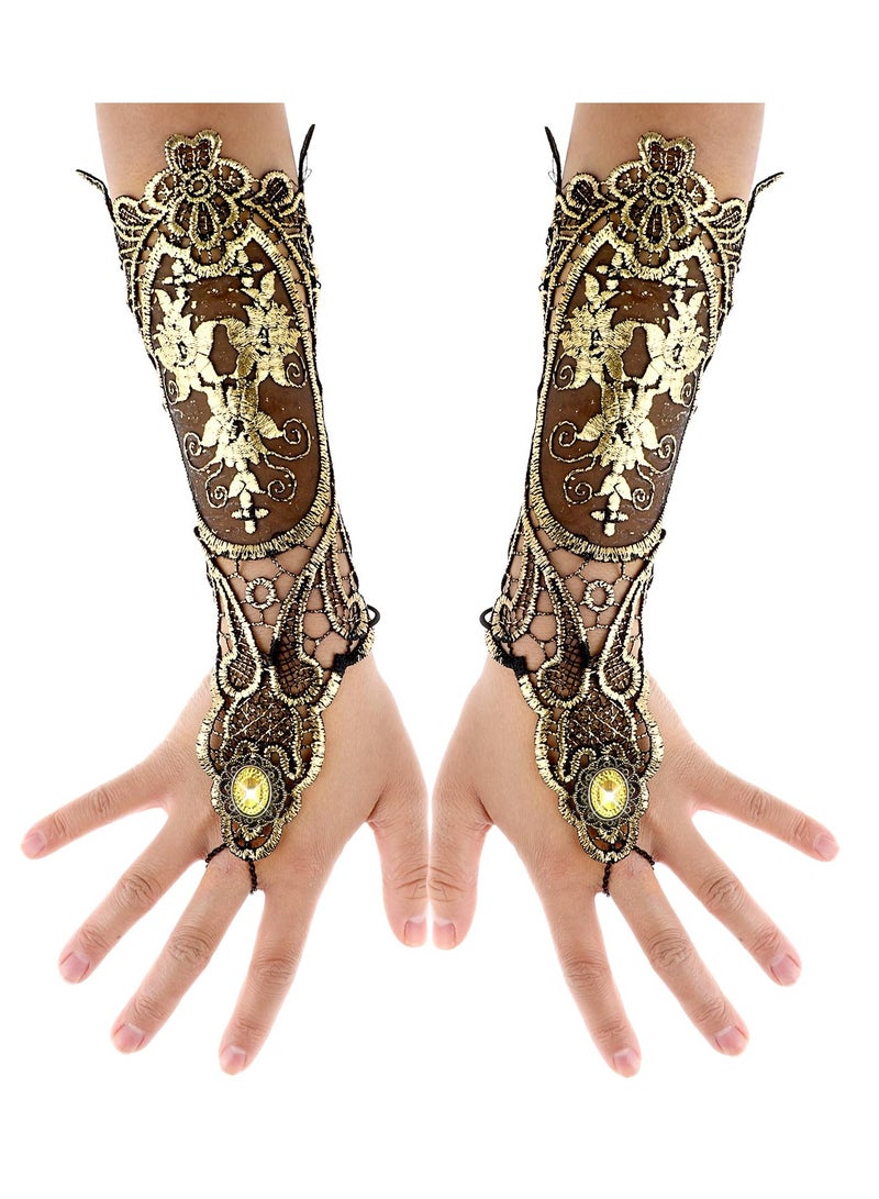 SYOSI Bronzing Fingerless Lace Gloves Gold Steampunk Floral Lace Mesh Long Gloves Vintage Fingerless Gloves - Image 2