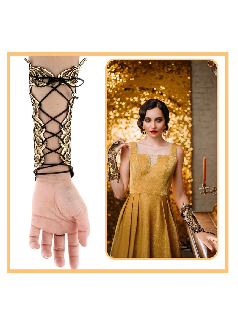 SYOSI Bronzing Fingerless Lace Gloves Gold Steampunk Floral Lace Mesh Long Gloves Vintage Fingerless Gloves - Image 3