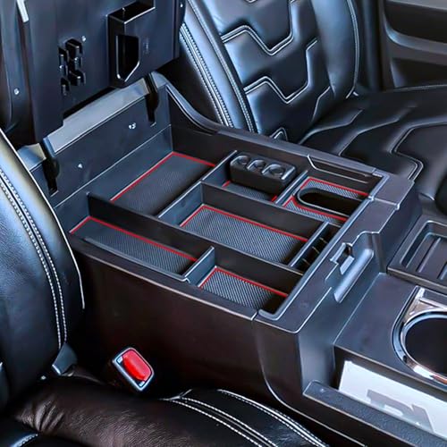 TACOBRO Center Console Organizer Compatible with 2014-2017 2018 2019 2020 2021 Tundra Accessories, Crewmax Interior Armrest Underseat Storage Box- Full-coverage Insert Tray, Red Trim - Image 1