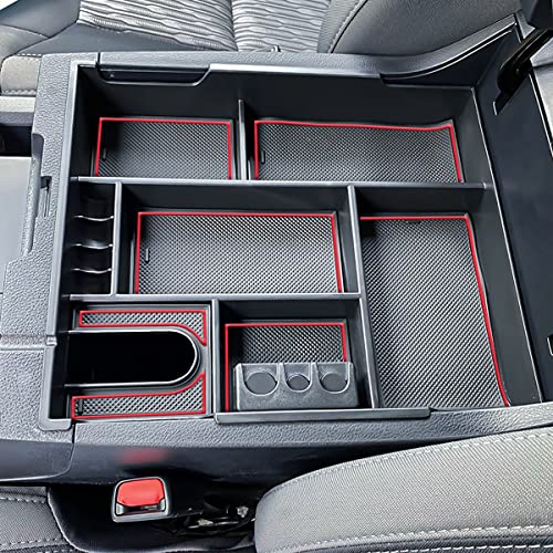 TACOBRO Center Console Organizer Compatible with 2014-2017 2018 2019 2020 2021 Tundra Accessories, Crewmax Interior Armrest Underseat Storage Box- Full-coverage Insert Tray, Red Trim - Image 5