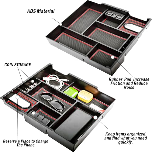 TACOBRO Center Console Organizer Compatible with 2014-2017 2018 2019 2020 2021 Tundra Accessories, Crewmax Interior Armrest Underseat Storage Box- Full-coverage Insert Tray, Red Trim - Image 2