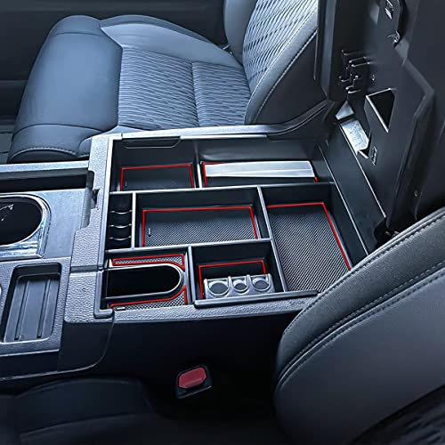 TACOBRO Center Console Organizer Compatible with 2014-2017 2018 2019 2020 2021 Tundra Accessories, Crewmax Interior Armrest Underseat Storage Box- Full-coverage Insert Tray, Red Trim - Image 3