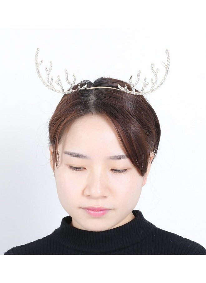 VOGUEKNOCK - Christmas Headband Reindeer Antlers Crystal Paved Delicate Metal Headband Gold - Image 1