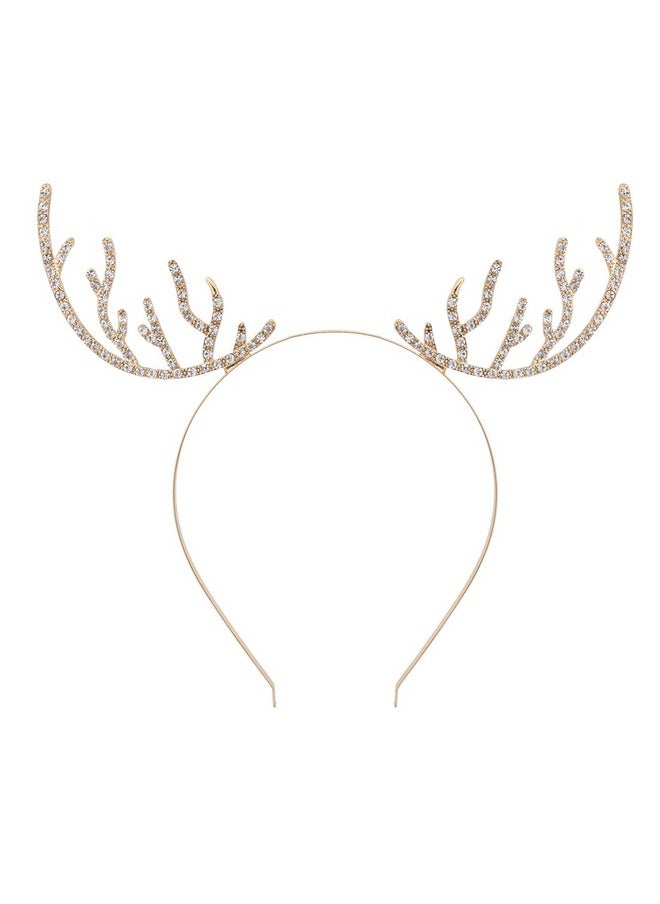 VOGUEKNOCK - Christmas Headband Reindeer Antlers Crystal Paved Delicate Metal Headband Gold - Image 1