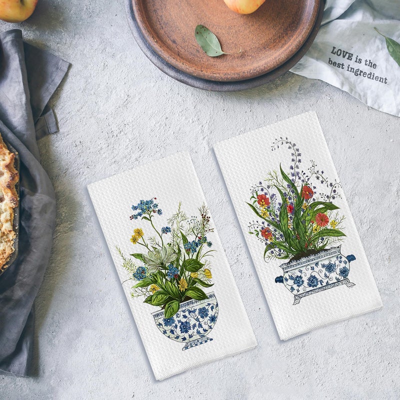 Qpenm Chinoiserie Floral Kitchen Towels Set of 2 - Retro Flower Chinoiserie Dish Towels for Kitchen, Chinoiserie Kitchen Hand Towels, Chinoiserie Waffle Weave Tea Towels Decorative Set 16 X 24 Inch - Image 4