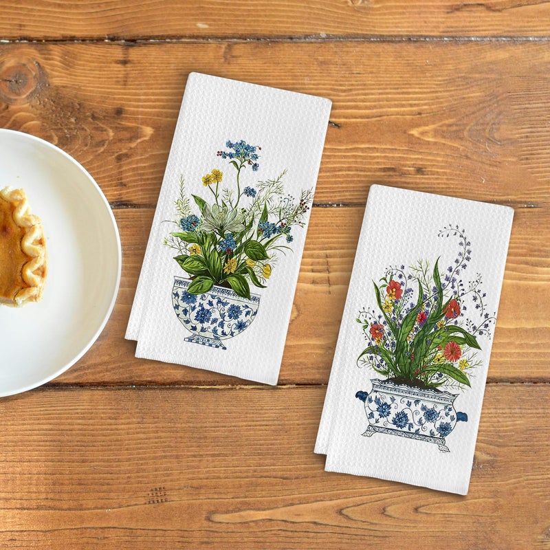Qpenm Chinoiserie Floral Kitchen Towels Set of 2 - Retro Flower Chinoiserie Dish Towels for Kitchen, Chinoiserie Kitchen Hand Towels, Chinoiserie Waffle Weave Tea Towels Decorative Set 16 X 24 Inch - Image 3