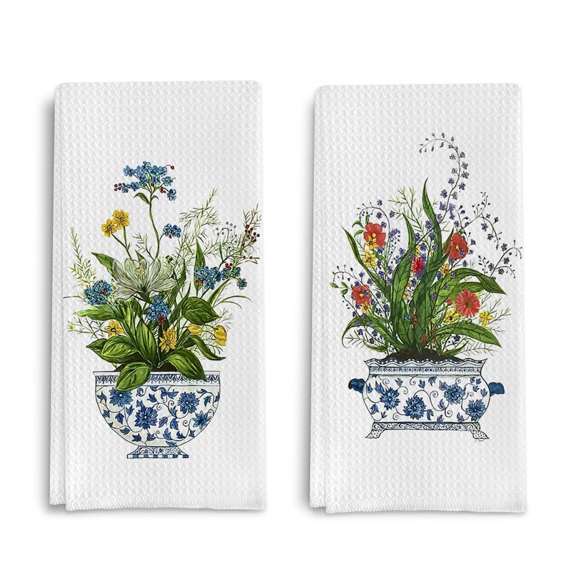 Qpenm Chinoiserie Floral Kitchen Towels Set of 2 - Retro Flower Chinoiserie Dish Towels for Kitchen, Chinoiserie Kitchen Hand Towels, Chinoiserie Waffle Weave Tea Towels Decorative Set 16 X 24 Inch - Image 1