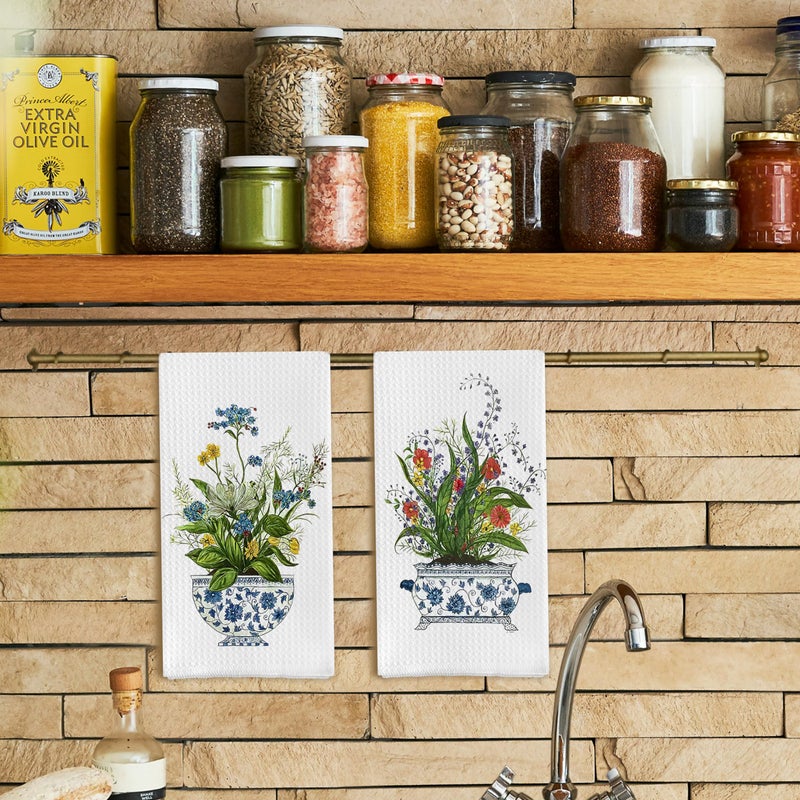 Qpenm Chinoiserie Floral Kitchen Towels Set of 2 - Retro Flower Chinoiserie Dish Towels for Kitchen, Chinoiserie Kitchen Hand Towels, Chinoiserie Waffle Weave Tea Towels Decorative Set 16 X 24 Inch - Image 2