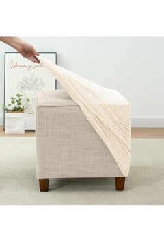 Generic Ottoman Cover Stretch Knitted Jacquard Square Ottoman Cover Thick Ottoman Slipcover Square Storage Ottoman Cover Foot Stool Cover with Elastic Bottom Beige Small  - Image 4