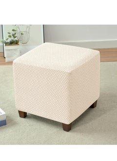 Generic Ottoman Cover Stretch Knitted Jacquard Square Ottoman Cover Thick Ottoman Slipcover Square Storage Ottoman Cover Foot Stool Cover with Elastic Bottom Beige Small  - Image 2