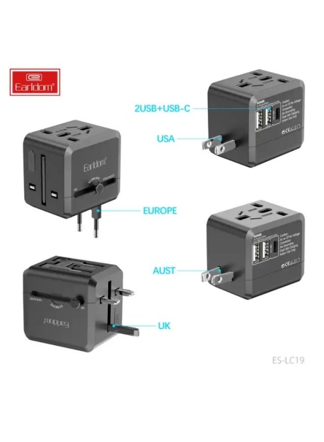 Earldom LC19 Universal Travel Adapter with USB-C and Dual USB-A Ports, Grey - Image 2
