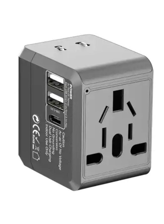Earldom LC19 Universal Travel Adapter with USB-C and Dual USB-A Ports, Grey - Image 1
