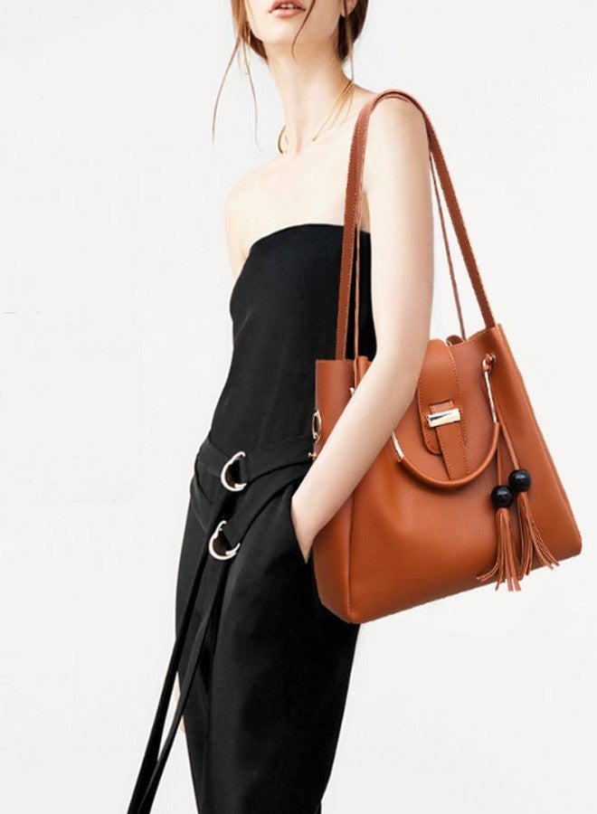 FiveloveTwo Women's Purse and Handbags 3 Pcs Bag Set PU Leather Tassel Totes Clutch Satchels Top Handle Shoulder Crossbody Bags Pack Brown - Image 3