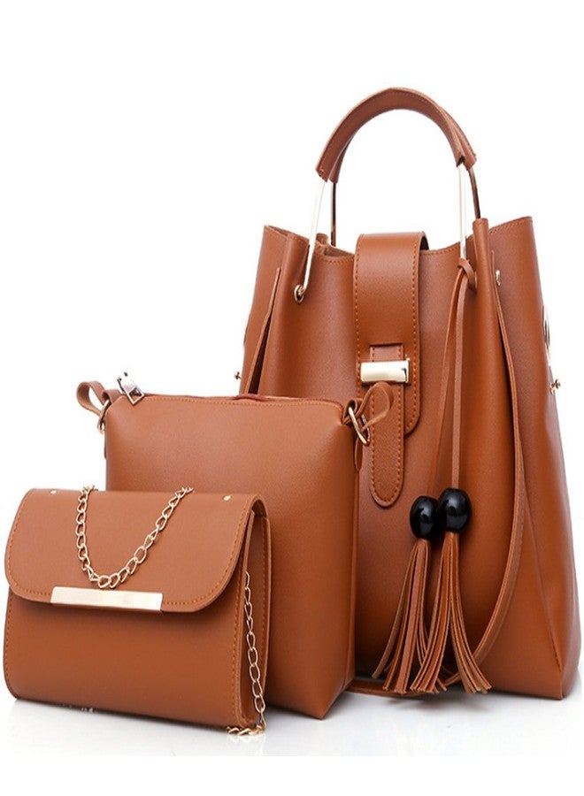 FiveloveTwo Women's Purse and Handbags 3 Pcs Bag Set PU Leather Tassel Totes Clutch Satchels Top Handle Shoulder Crossbody Bags Pack Brown - Image 1