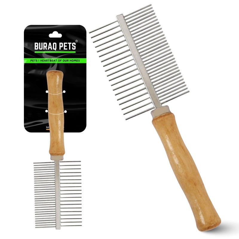 Buraq Pets Wooden Double Side Stainless Steel Needles Pets Comb, Hairbrush Grooming for Dogs Cat Cleaning Supplies Cat Comb Or Dog Comb (Wooden Dual Side Comb) - Image 1
