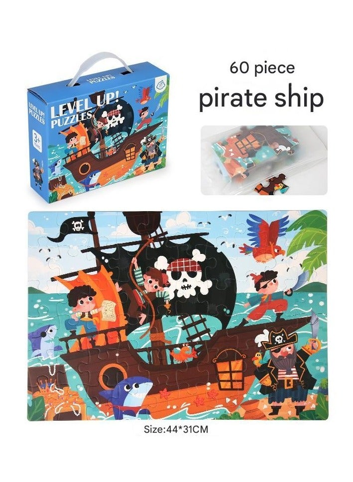 Children's Advanced Gift Box Handheld Large Puzzles 3-6 Year Old Kindergarten Gift Prizes Early Education Puzzle Toys(60 pieces of pirate ship puzzle+included storage bag)  - Image 1