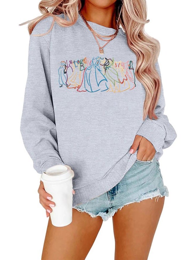 BANGELY Magical Sweatshirt Women Cute Embroidered Magic Princess Sweater Family Vacation Shirt Casual Long Sleeve Top, Light Grey, S - Image 1