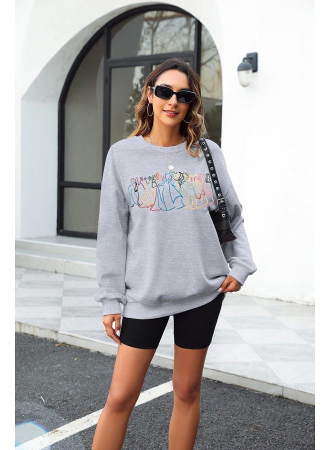 BANGELY Magical Sweatshirt Women Cute Embroidered Magic Princess Sweater Family Vacation Shirt Casual Long Sleeve Top, Light Grey, S - Image 2