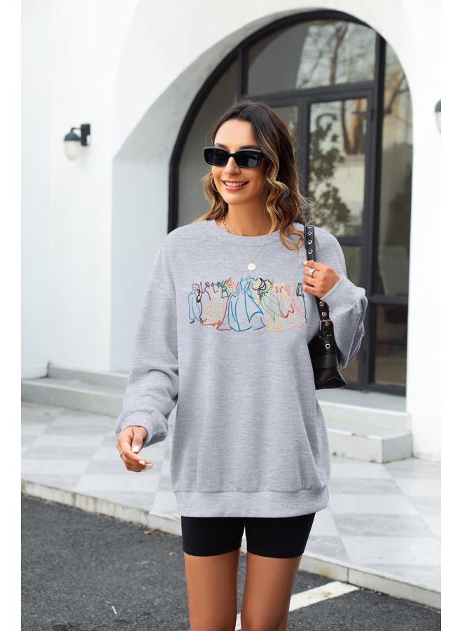 BANGELY Magical Sweatshirt Women Cute Embroidered Magic Princess Sweater Family Vacation Shirt Casual Long Sleeve Top, Light Grey, S - Image 3