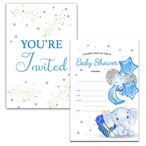 YIDOU Sky Blue Balloon Elephant Boy Baby Shower Party Invitations Fill in Invites Cards 20 Invitations and Envelopes (Double Sided) - Image 2