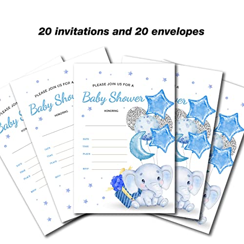 YIDOU Sky Blue Balloon Elephant Boy Baby Shower Party Invitations Fill in Invites Cards 20 Invitations and Envelopes (Double Sided) - Image 4