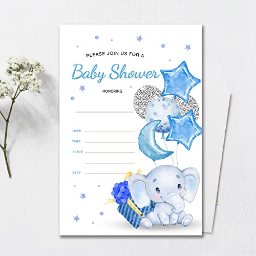 YIDOU Sky Blue Balloon Elephant Boy Baby Shower Party Invitations Fill in Invites Cards 20 Invitations and Envelopes (Double Sided) - Image 3