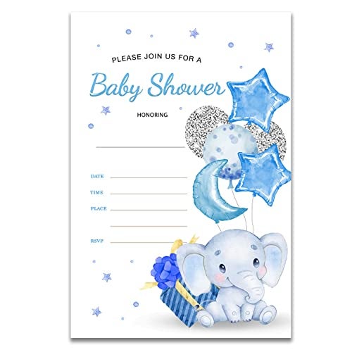YIDOU Sky Blue Balloon Elephant Boy Baby Shower Party Invitations Fill in Invites Cards 20 Invitations and Envelopes (Double Sided) - Image 1
