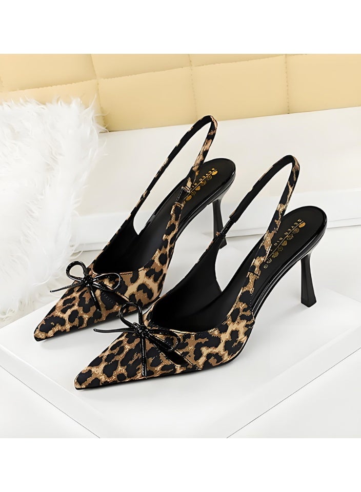 BIGTREE Women's Bowknot Closed Pointed Toe Pumps Slingback Stiletto High Heel Sandals With Ankle Strap Leopard Print 8CM - Image 1