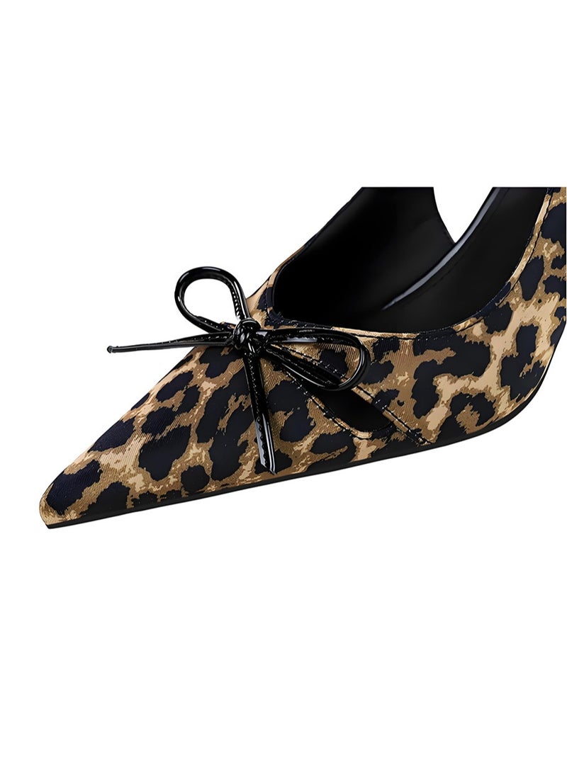 BIGTREE Women's Bowknot Closed Pointed Toe Pumps Slingback Stiletto High Heel Sandals With Ankle Strap Leopard Print 8CM - Image 3