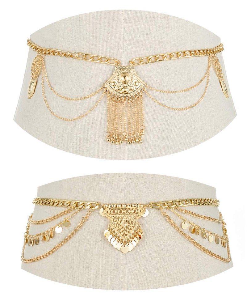 Tornito 2 PCS Waist Belt Chain Vintage Dangle Dancing Tassel Body Chain Bikini Beach Body Jewelry for Women Gold Tone - Image 1