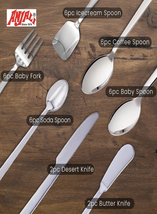 Anjali MONDAY 34-Piece Stainless Steel Cutlery Set - Mirror Finish Flatware for Dining & Dessert - Includes 24 Spoons, 6 Baby Forks, and 4 Knives (Dessert & Butter) - Image 2