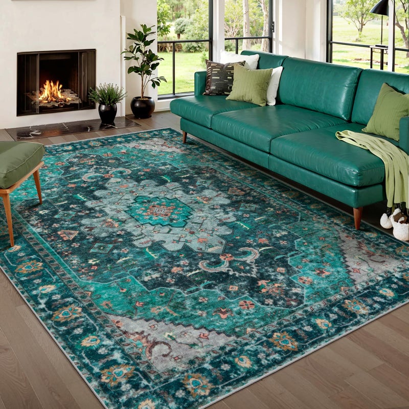 Ciicool Area Rug 5x7ft Washable Rugs for Living Room Non-Slip Indoor Rugs Large Low-Pile Mat Floor Carpet Vintage Rug for Bedroom Dinning Foyer Decor (Teal/Multi) - Image 1