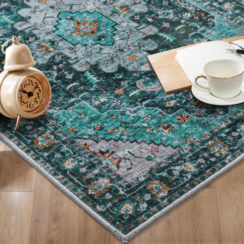 Ciicool Area Rug 5x7ft Washable Rugs for Living Room Non-Slip Indoor Rugs Large Low-Pile Mat Floor Carpet Vintage Rug for Bedroom Dinning Foyer Decor (Teal/Multi) - Image 5