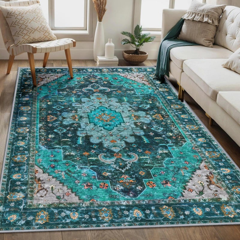 Ciicool Area Rug 5x7ft Washable Rugs for Living Room Non-Slip Indoor Rugs Large Low-Pile Mat Floor Carpet Vintage Rug for Bedroom Dinning Foyer Decor (Teal/Multi) - Image 2