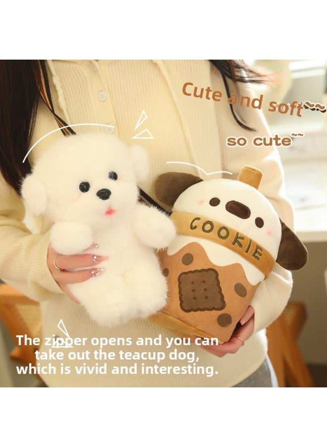 Milk Tea Cup Cute Dog Doll Crossbody Shoulder Bag Creative Simulation Bo Mei Plush Toy Girl Gift Doll-Color:White-Specifications:25CM  - Image 5