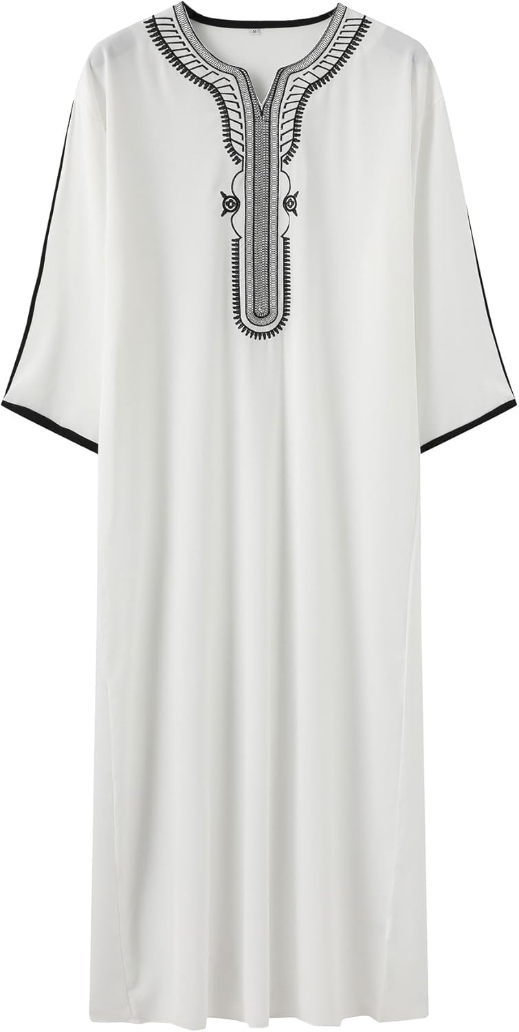 Arabian Robe for Men - Short Sleeve Embroidered Loose Islamic Ethnic Style - White - Image 1