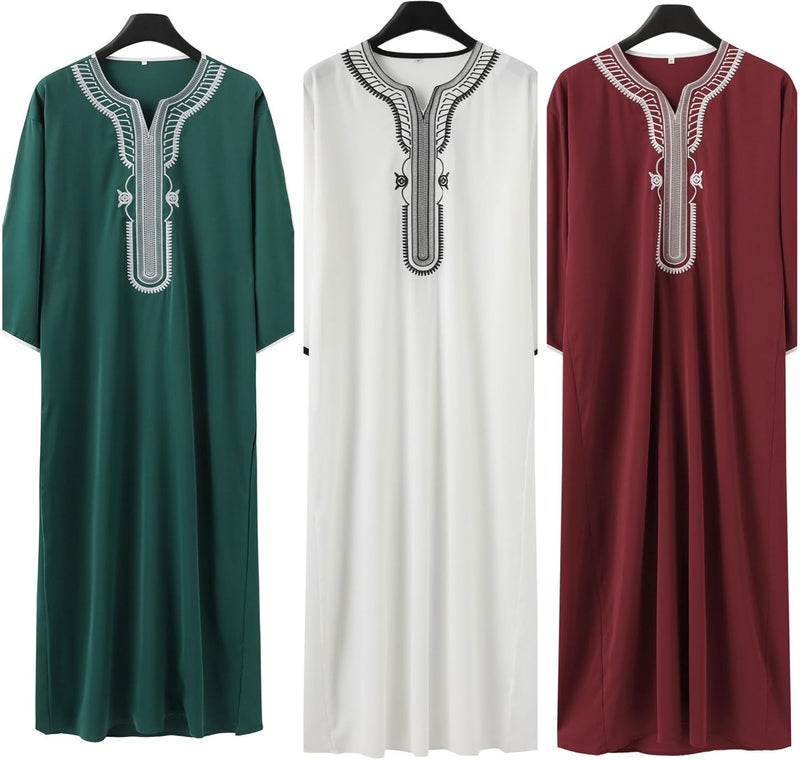 Arabian Robe for Men - Short Sleeve Embroidered Loose Islamic Ethnic Style - White - Image 4